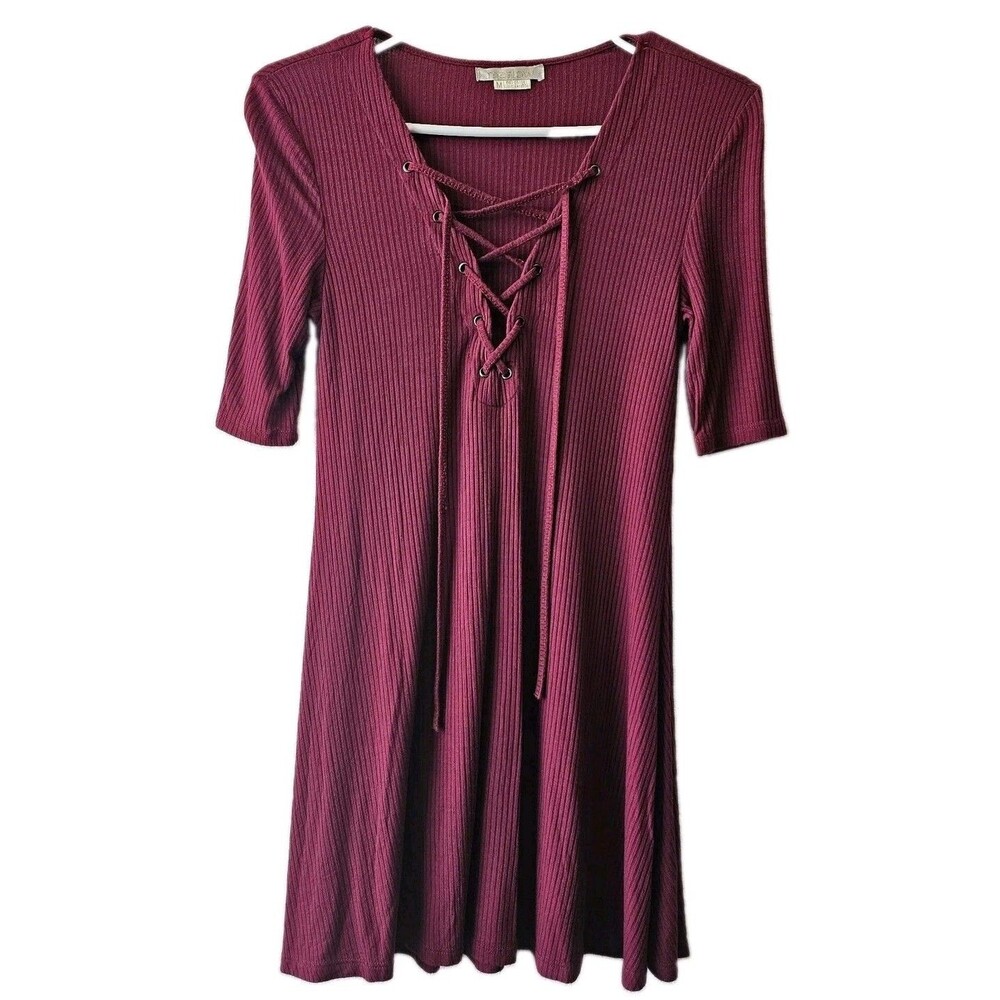Marlow Burgundy Ribbed Lace-Up Fit & Flare Mini Dress Size M Skater Whimsigoth